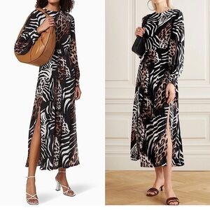 NWT RIXO 70s Silk Zebra Leopard Print Long Balloon Sleeve Pleated Midi Dress XS